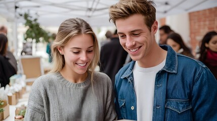 Naklejka premium Couple browsing a local pop up market with handmade crafts