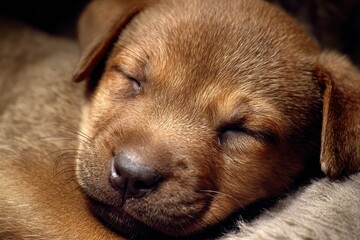 Cute puppy sleeping peacefully on a cozy blanket in a warm indoor setting during the afternoon