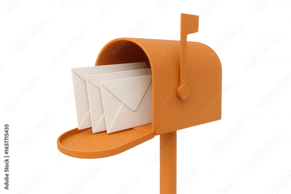 Poster 3d rendering of orange mailbox overflowing with letters, transparent background highlighting minimal