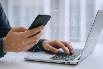 Business Person Analyzing Financial Data with Laptop and Smartphone, Digital Graphs Overlay for Data Visualization