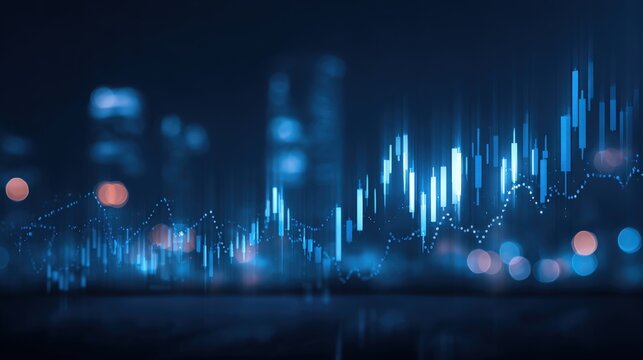Abstract Financial Chart Displaying Market Trends, Investment Analysis, and Economic Growth in a Digital Cityscape