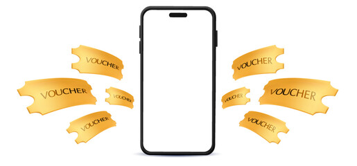 3d blank smart phone mockup with gift voucher cards template flying out, isolated on white background. Cashback coupon with phone banner template in 3d vecotor. Vector illustration