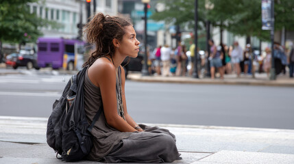 A homeless woman with a backpack, sitting on the sidewalk near a busy city street, gazing at the passing crowds