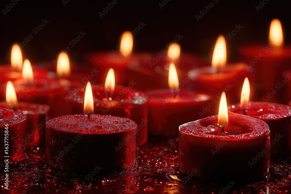 Poster red candles illuminate a dark setting, creating a warm and inviting atmosphere during a quiet evenin
