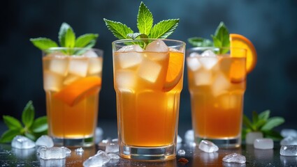 Three refreshing iced tea drinks with orange slices and mint garnish