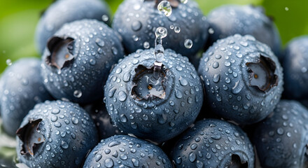 Blueberries with water droplets, fresh and healthy, showing detail of the fruit and its vibrant color.