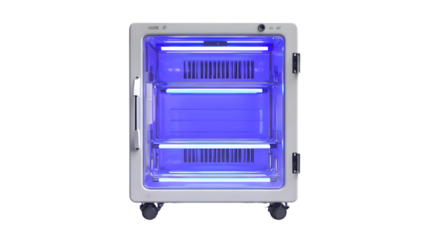 A front view of a uv sterilization cabinet with three shelves and a blue light inside it