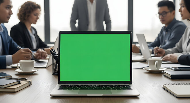 Diverse team collaborating in modern office with green screen laptop ready for presentation