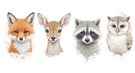Fototapeta premium Adorable Woodland Critters Fox, Deer, Raccoon Owl Nursery Art Print