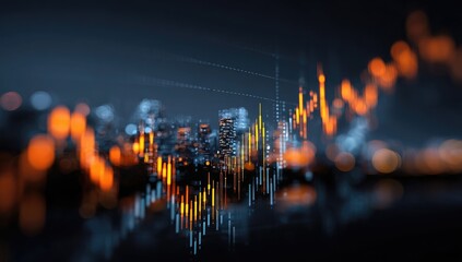 Night city skyline overlaid with financial data, showing upward trends