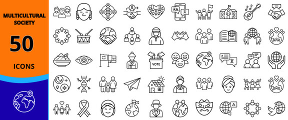 Multicultural Society Icons Set thin-line vector illustration — diversity, inclusion, languages, culture, handshake, globe — isolated transparent background