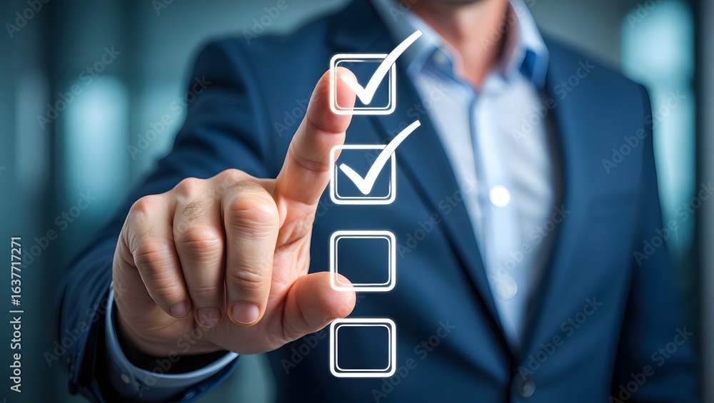 Poster checklist and clipboard task management, assessment form, questionnaire, businessman working on lapt