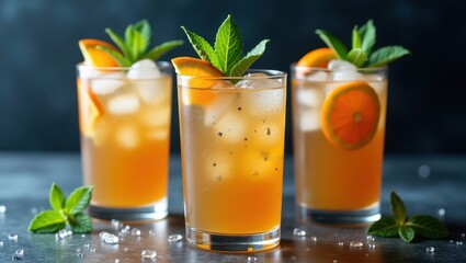 Three refreshing orange and mint cocktails with ice and citrus garnish