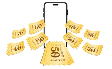 3d blank smart phone mockup with gift voucher cards flying out, coupon code, 50% off, isolated on white background. Cashback coupon with phone banner template in 3d vecotor. Vector illustration