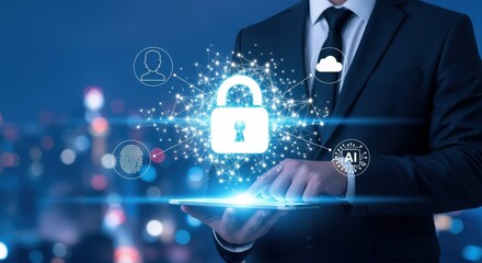 Professional businessman securing data network, cybersecurity technology concept, digital lock and protection, server information access