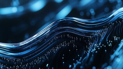 Abstract fractal graphics in blue and black tones with dynamic lines and dots, creating a sense of movement and depth