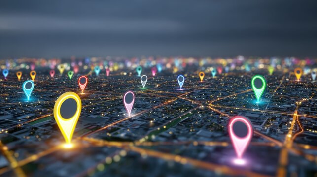 Cityscape at Night with Colorful Location Pins Marking Various Destinations and Points of Interest
