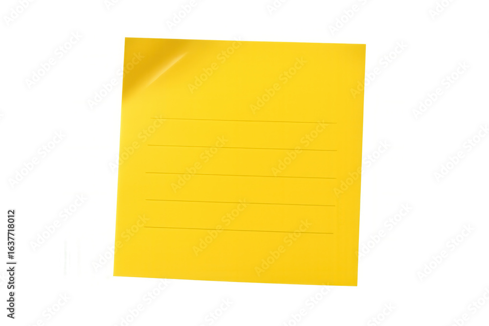 Aufkleber yellow sticky note with curled edge, lined surface, positioned on clean transparent backdrop, perfec