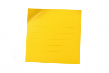 Yellow sticky note with curled edge, lined surface, positioned on clean transparent backdrop, perfect for writing quick notes and messages