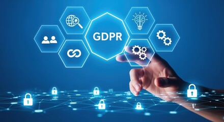 Data Protection Concept: Hand Pointing on GDPR Symbol, Privacy Regulations, Compliance and Cyber Security