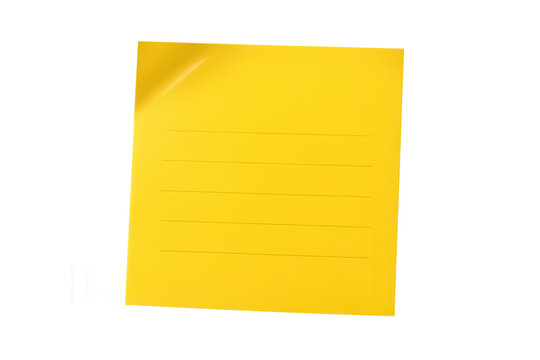 Yellow sticky note with curled edge, lined surface, positioned on clean transparent backdrop, perfect for writing quick notes and messages