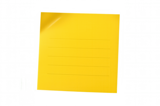 Yellow sticky note with curled edge, lined surface, positioned on clean transparent backdrop, perfect for writing quick notes and messages