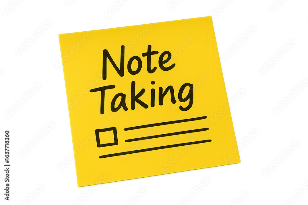 Poster yellow sticky note displaying note-taking layout with checkbox, writing lines, positioned on transpa