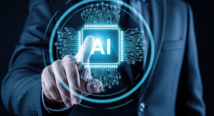 Artificial Intelligence Activation: Businessman Interfaces with AI Circuitry, Signaling the Future of Technology and Innovation