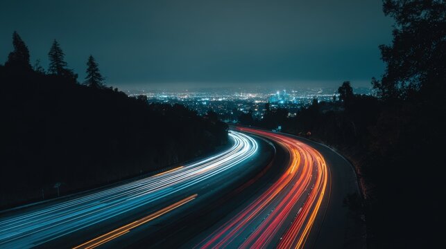 Cityscape at Night: Long Exposure of Car Light Trails on Highway Leading to Urban Skyline - Powered by Adobe