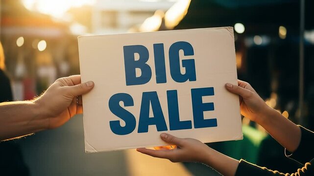Hands holding cream cardboard with bold blue big sale text in outdoor market scene