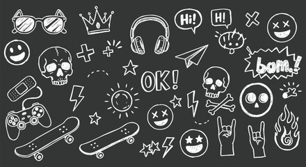Teenage Doodle Set Skulls Skateboards and Cool Emblems