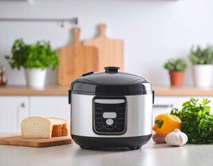 A pressure cooker with vegetables, bread, and fresh ingredients in a kitchen.