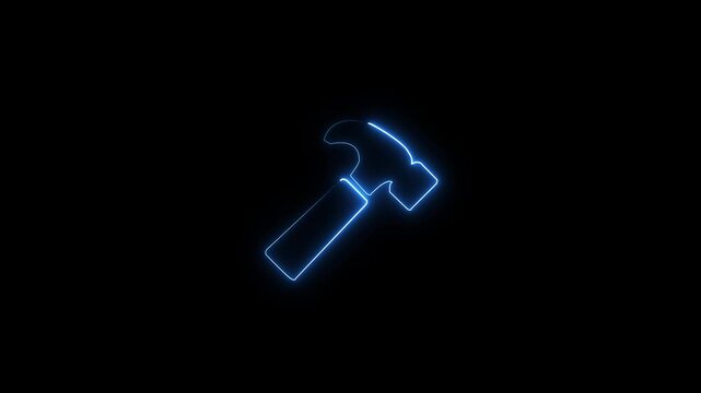 A glowing neon hammer icon on black background. Simple hammer sign symbol 4k motion video icon.