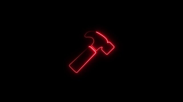 A glowing neon hammer icon on black background. Simple hammer sign symbol 4k motion video.