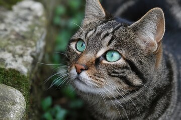 Curious tabby cat gazing upward in a lush green garden during daylight hours