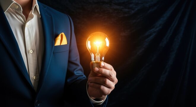 Businessman Holds a Glowing Light Bulb Symbolizing Innovation, Creativity, and Business Idea Generation