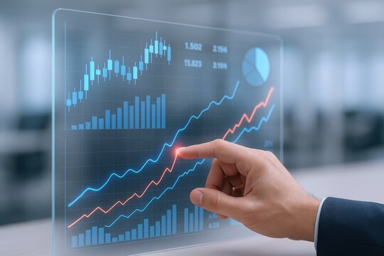 Financial Analyst Examining Growth Charts on a Transparent Screen, Demonstrating Market Analysis and Investment Strategy