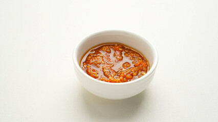 Sambel or Sambal Terasi is traditional food which is popular in Indonesia. Made from tomatoes, chilies, salt, sugar, garlic, shallots and shrimp paste (terasi).
