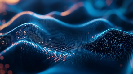 Dynamic fractal graphics with blurred textures and vibrant glowing particles creating an abstract wave pattern