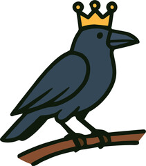 Minimalist Vector Illustration of a Crowned Black Crow Perched on Branch – Royal Bird Silhouette for Stock Art