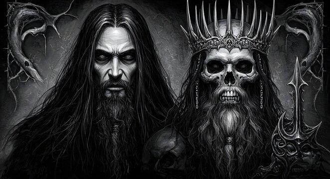 Dark fantasy illustration of a sinister skeletal lich king and a powerful long-haired warlock from the underworld