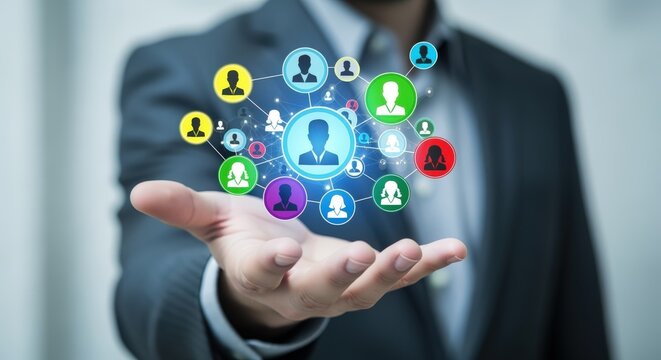 Businessman Displaying Network of Connected People Icons Representing Collaboration and Communication in Modern Technology