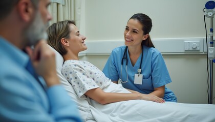 Fototapeta premium Krankenschwester betreut Patientin im Krankenhausbett 