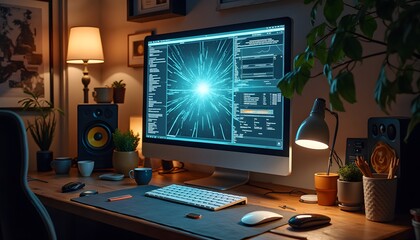 Moderner Arbeitsplatz mit Großbildschirm und Programmieroberfläche 
