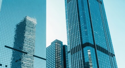 Obraz premium Modern Cityscape: Glass Skyscrapers Reflecting Blue Sky in a Downtown Financial District, Emphasizing Urban Development