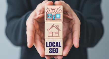 Local Business SEO Concept with Wooden Blocks Featuring Storefront, House, and SEO Text in Hand