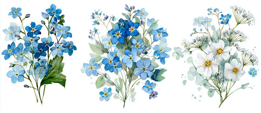 Watercolor florals show elegant artwork. Forget-me-nots and daisies, bright light, illustration style. Ideal for stationery, cards, wall art.