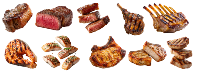 Collection of 4 set beef, pork loin chop, salmon fish, lamb rib leg, meat steak, sliced whole, isolated transparent cutout PNG. Mockup template for design