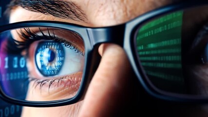 Cyber Vision Hackers Eye with Code Reflected, Modern Glasses, and Tech Background. - Powered by Adobe