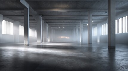 Obraz premium Spacious Empty Concrete Warehouse Interior with Columns and Natural Light, Ideal for Industrial or Commercial Space